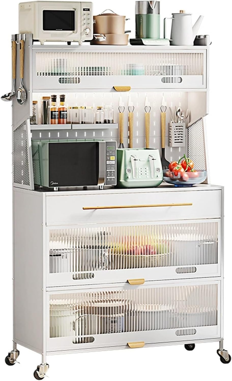 Metal Kitchen Storage Cabinets, Bakers Rack with Storage, Kitchen Microwave Stand, with Drawers, Hooks * 8, Foot Pads * 4(White,100cm)