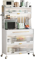 Metal Kitchen Storage Cabinets, Bakers Rack with Storage, Kitchen Microwave Stand, with Drawers, Hooks * 8, Foot Pads * 4(White,80cm)