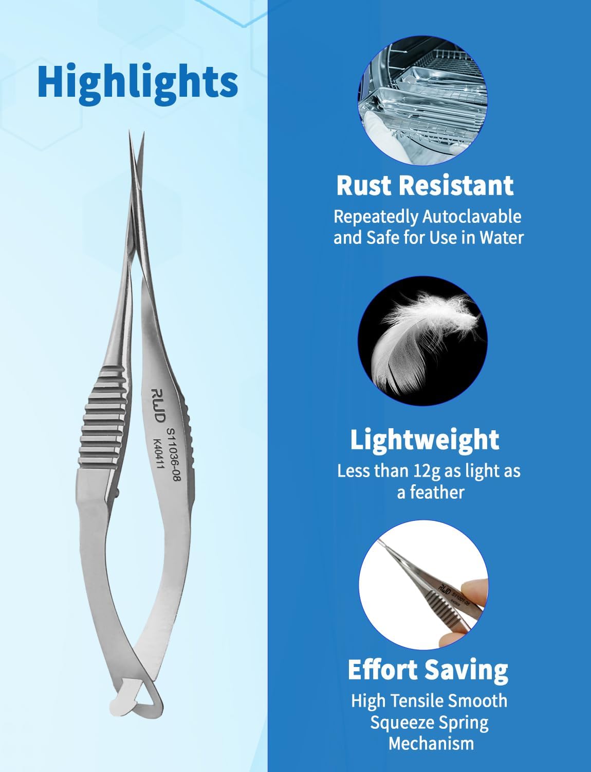 RWD VANNAS Micro Scissors, 3.2' Straight Fan Tip, Extra Sharp Spring Action Squeeze Scissors for Stitch Cutting, Embroidery, ENT, Eye, Skin, Dental, and Veterinary Surgery (8cm) - S11036-08