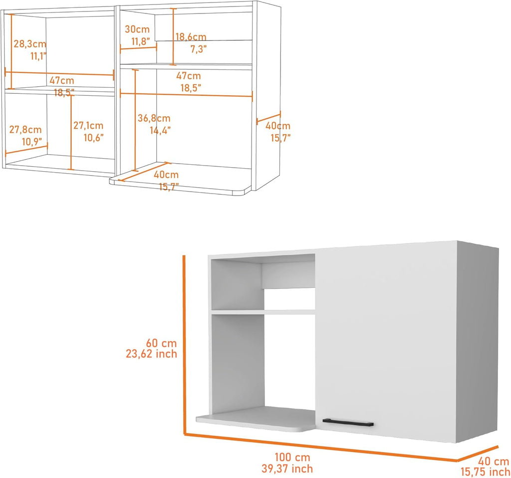 40' Single Door Freestanding Storage Cabinet, Kitchen Storage Bakers Rack with Side Shelves, Utility Food Cupboard with Metal Handles for Kitchen Storage, White