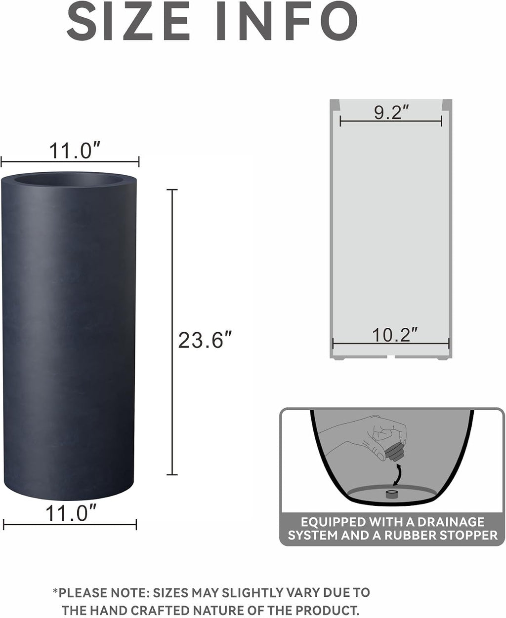 Kante 23.6 Inch Tall Cylindrical Planter, Large Round Plant Pots with Drainage Hole, Made with Concrete, Suitable for Indoor Outdoor Plants, Home Decor, Charcoal