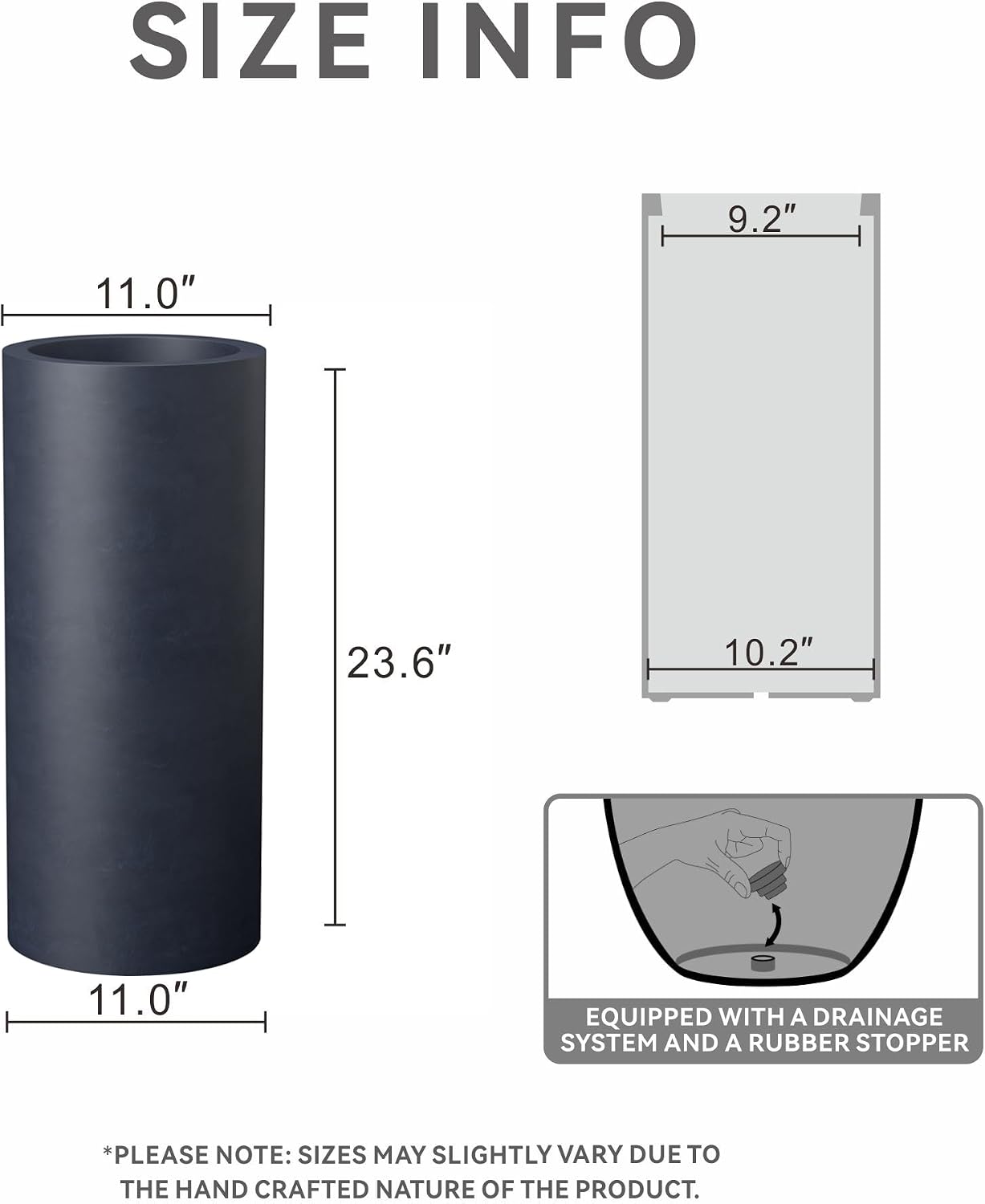 Kante 23.6 Inch Tall Cylindrical Planter, Large Round Plant Pots with Drainage Hole, Made with Concrete, Suitable for Indoor Outdoor Plants, Home Decor, Charcoal
