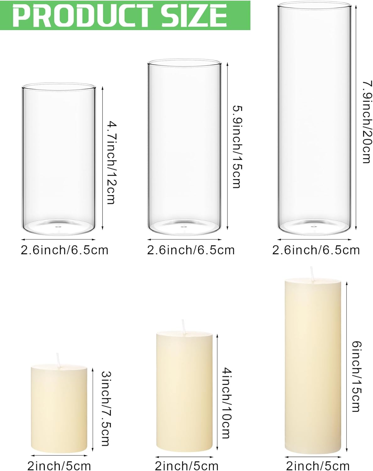 Shihanee 108 Pcs Pillar Candles and Glass Cylinder Vases Clear Cylinder Holders for Slim Pillar Candles Table Decorations, Total 54 Sets(Ivory White,108 Pcs)