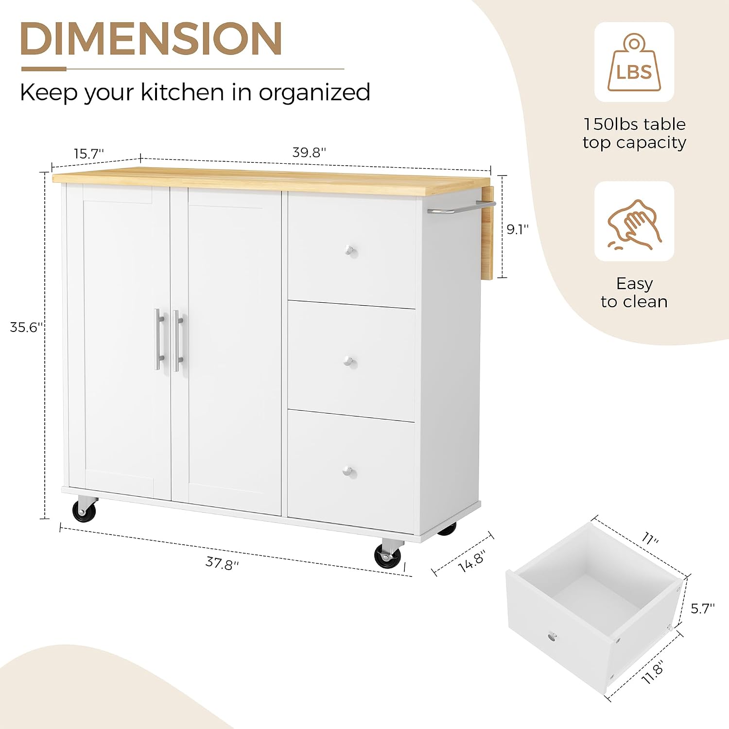 JY QAQA 40' Kitchen Island Cart Furniture cart on Wheels Rolling Portable Dining Room Serving Utility Carts Mobile Movable with Drawers Cabinet,White