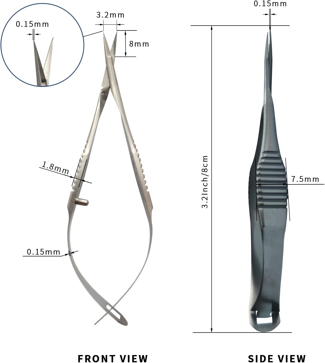RWD VANNAS Micro Scissors, 3.2' Straight Fan Tip, Extra Sharp Spring Action Squeeze Scissors for Stitch Cutting, Embroidery, ENT, Eye, Skin, Dental, and Veterinary Surgery (8cm) - S11036-08