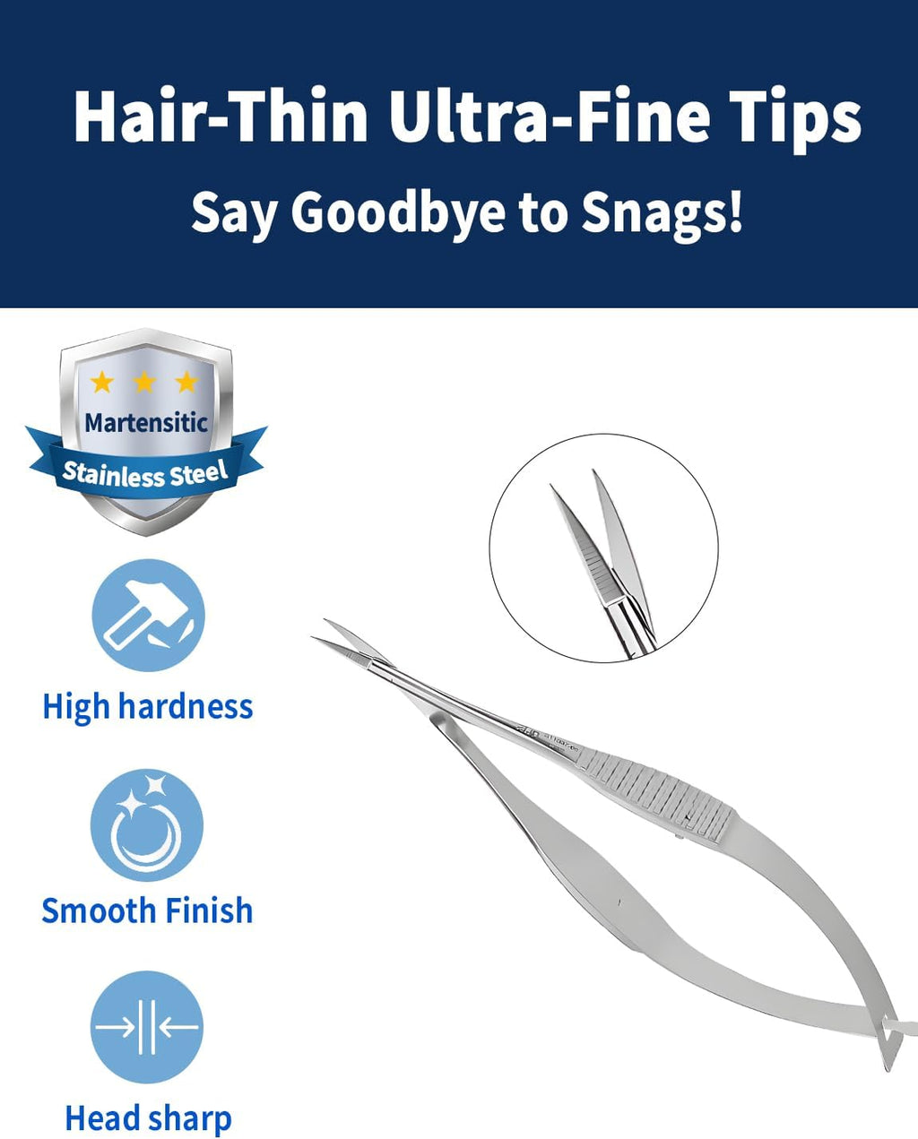 RWD VANNAS Micro Scissors, 3.2' Curved Fan Tip, Extra Sharp Spring Action Squeeze Scissors for Stitch Cutting, Embroidery, ENT, Eye, Skin, Dental, and Veterinary Surgery (8cm) - S11037-08