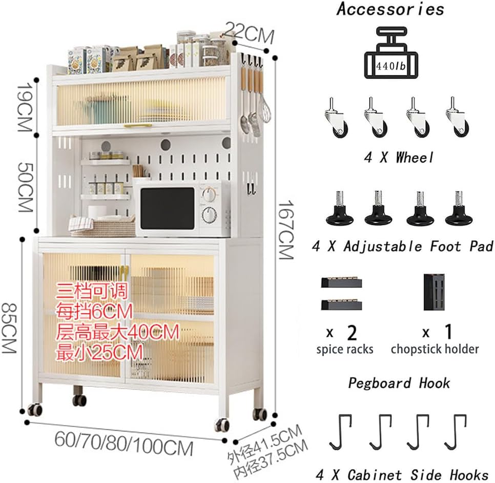 Kitchen Standing Bakers Rack, 5-Tier Microwave Stand with 8 S-Shaped Hooks, Movable Storage Shelf, for Kitchen Hutch, Home, Office, Pantry, Garage,White,82 * 44 * 167cm