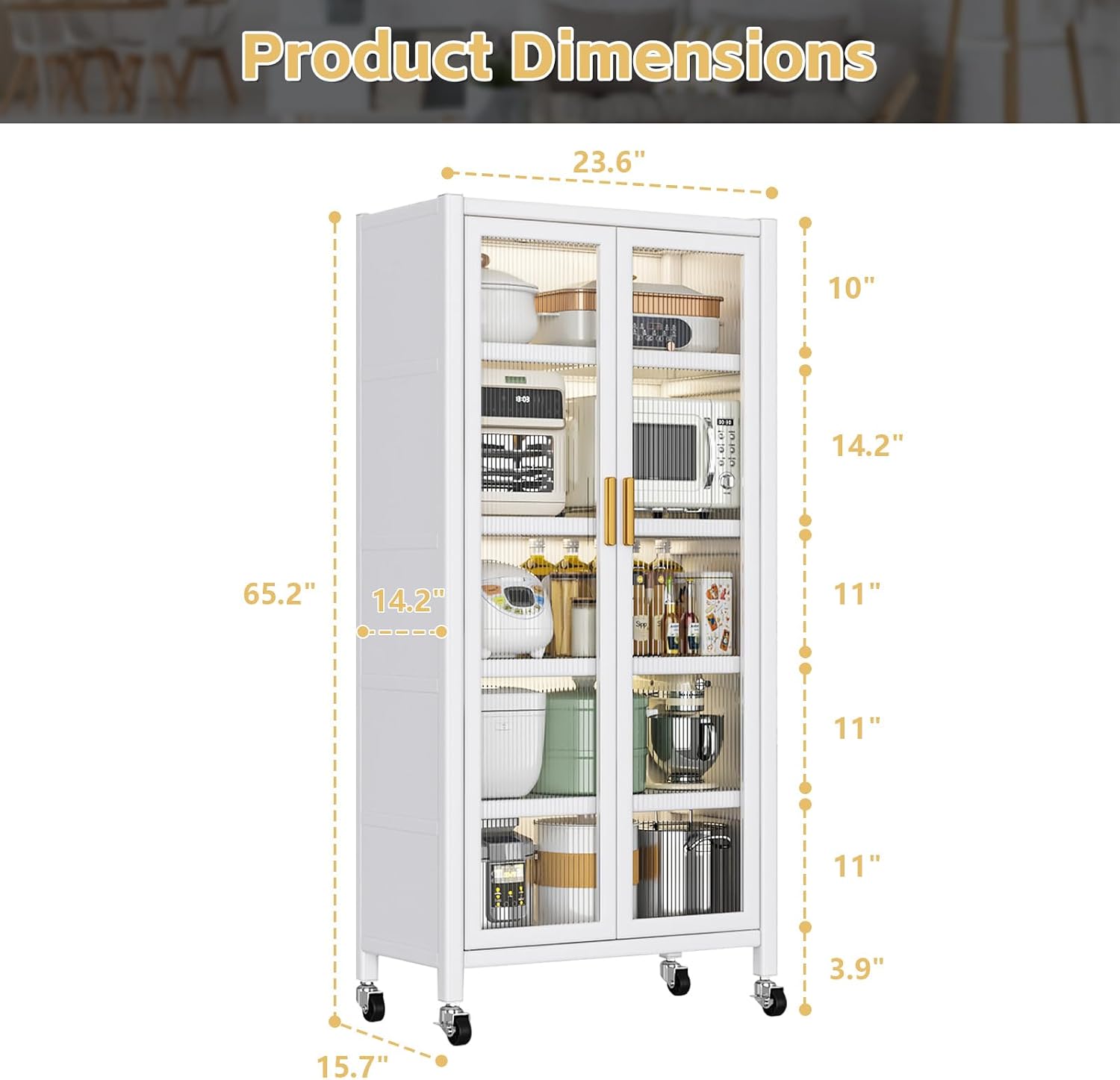 Kitchen Storage Cabinet, Pantry Cabinet with Two Glass Doors and Adjustable Shelves, 6 Tier Large Kitchen Hutch Cabinet Freestanding Tall Storage Sideboard, Kitchen Bakers Rack (White)