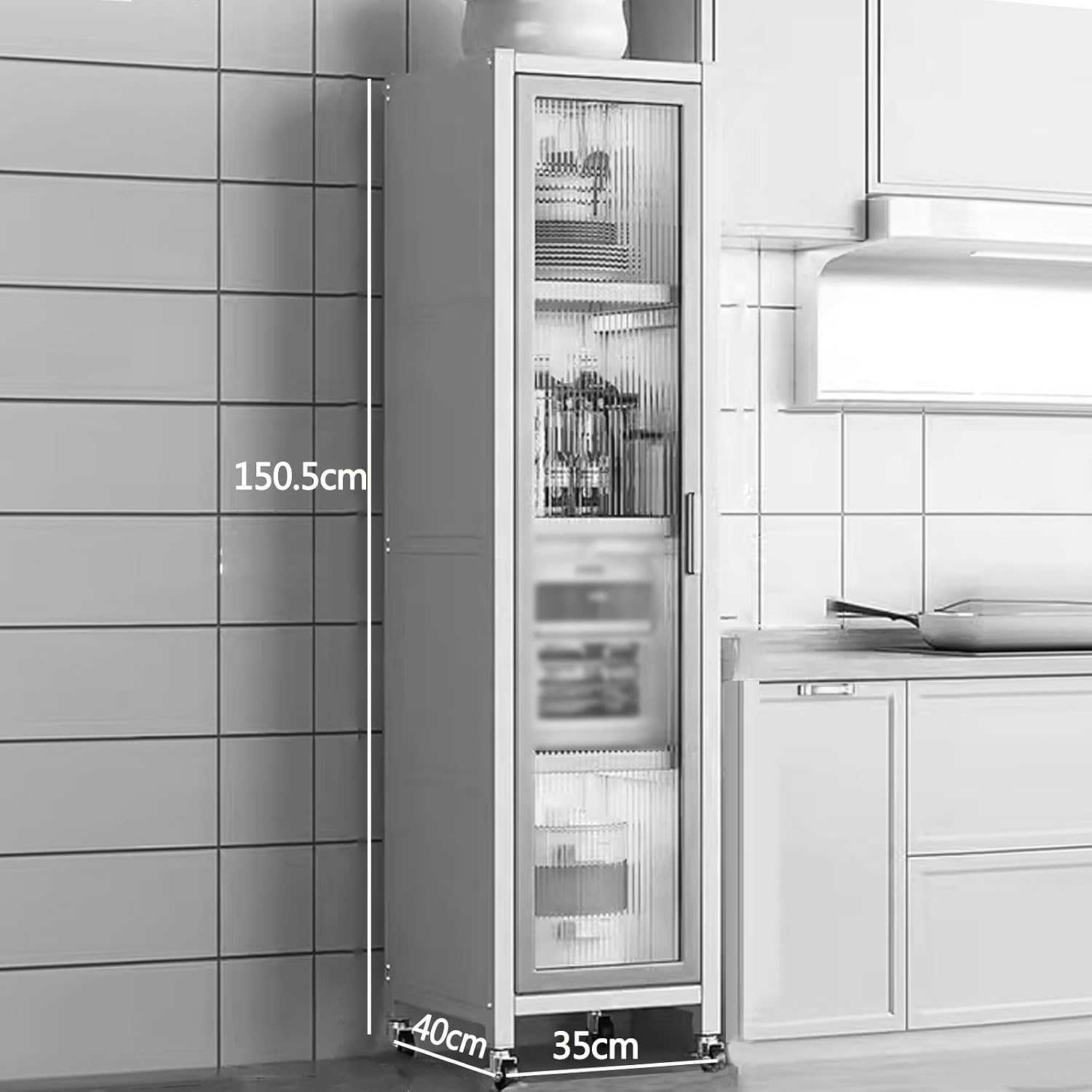 Kitchen Storage Rack with Wheels Bakers Rack with Storage Cabinet with Transparent Door with of Brakeable Casters, for Kitchen, Dining Room, Living Room(White,35 * 40 * 150.5cm)