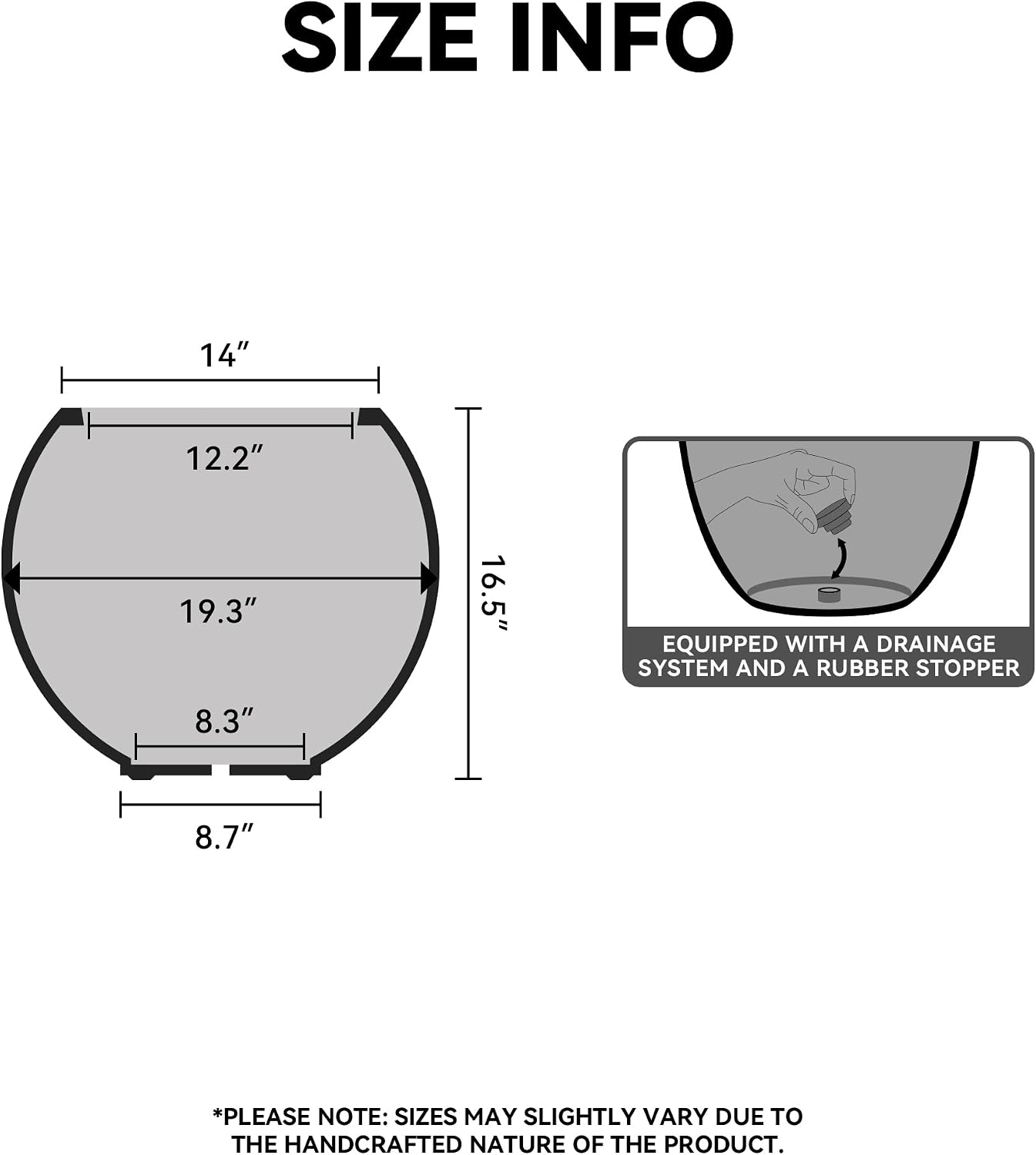 Kante Round Concrete Flower Pot, 19.3 Inch Dia (14' Opening) Sphere Shape Design Planter with Drainage Hole and Rubber Plug for Indoor & Outdoor Plants, Black Finish with Painted Interior