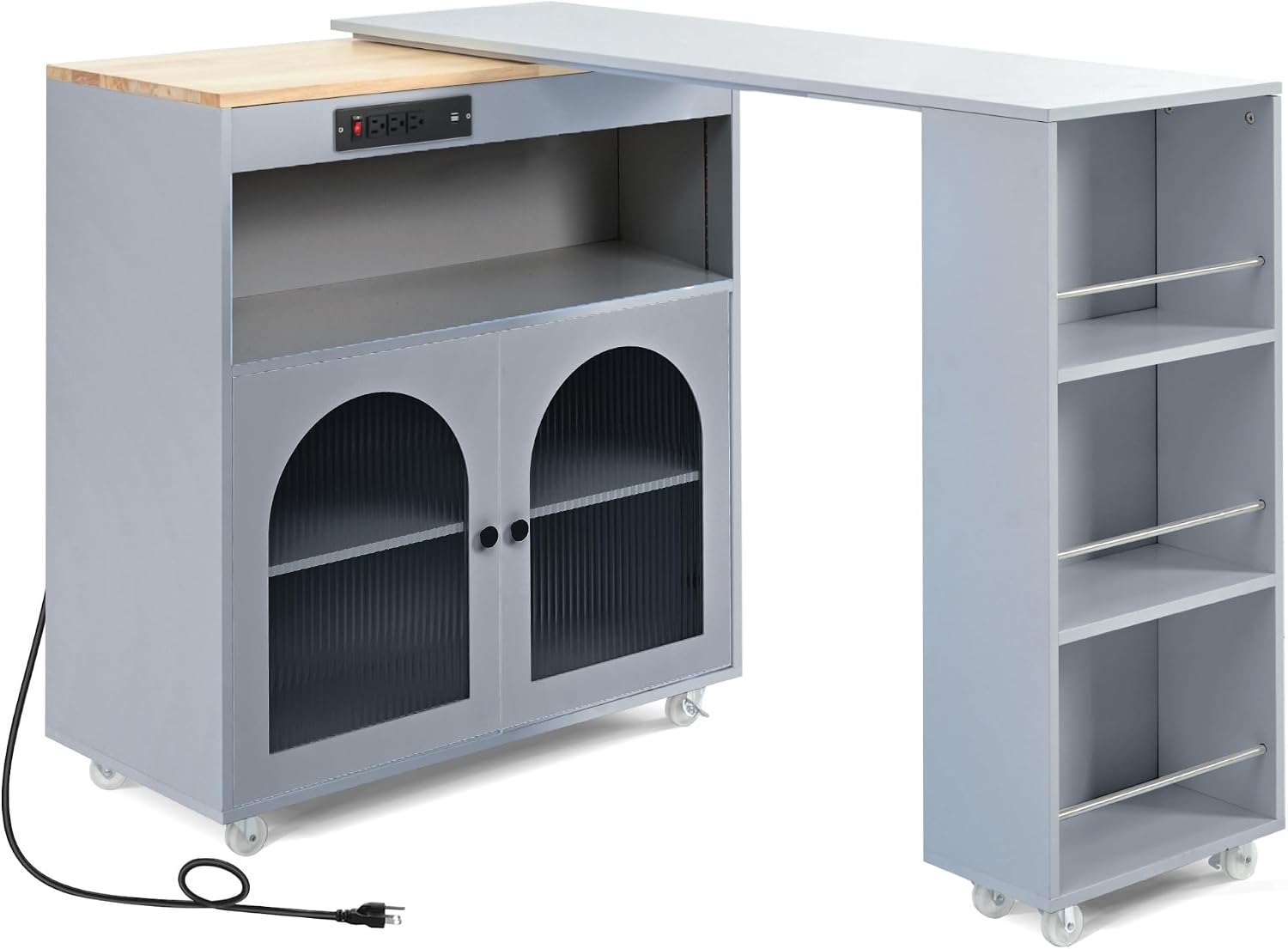 Merax Kitchen Island with Extended Table, Rolling Kitchen Islands Cart with LED Lights, Power Outlets, 2 Fluted Glass Doors, Storage Compartment, and Side 3 Open Shelves (Grey Blue)