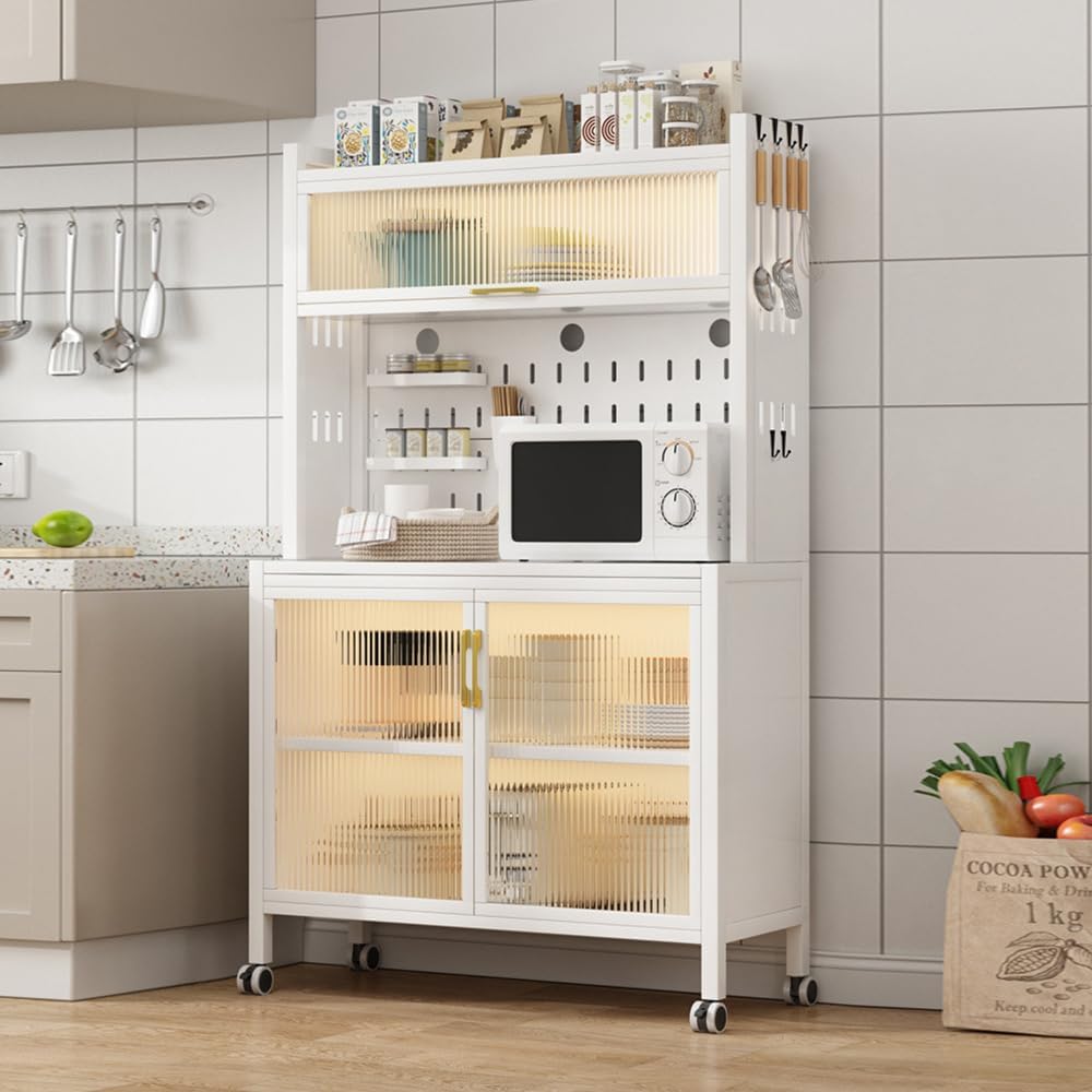 Kitchen Standing Bakers Rack, 5-Tier Microwave Stand with 8 S-Shaped Hooks, Movable Storage Shelf, for Kitchen Hutch, Home, Office, Pantry, Garage,White,82 * 44 * 167cm