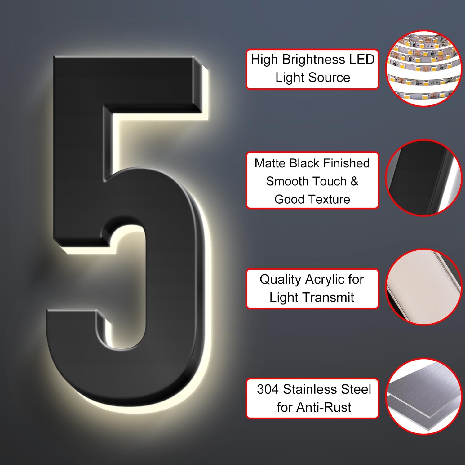 Illuminated House Address Numbers Signs, Stainless Steel,Up-Scale Modern Look, Backlit LED Illuminated Home Address Number, Lighted House Numbers For Outside,20 Inch/500mm,1