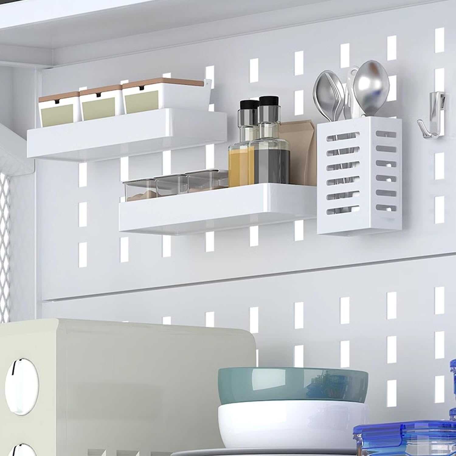 Microwave Stand with Storage, Kitchen Coffee Bar, Bakers Rack with Storage Cabinet, with Drawers, Hooks * 8, Foot Pads * 4(White,60cm)
