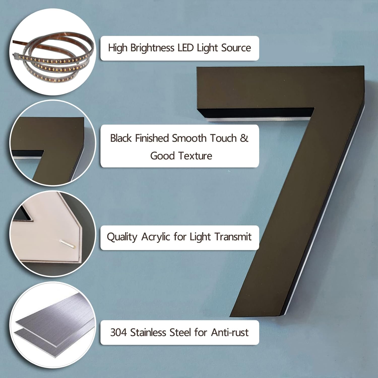 14' Illuminated House Numbers, Backlit LED Home Address Number, Stainless Steel Hand-Polished For Lighted House Address Signs For Outside,V