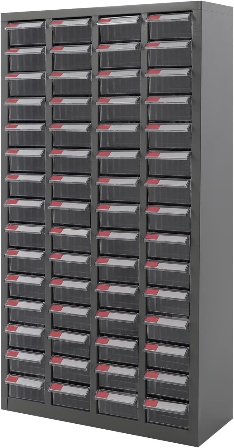 Parts Cabinet with 60 Drawers, Bolt and Nut Tool Storage Cabinet with Partitions&Labels, Steel Garage Storage Cabinet, Part Organization Shelves for Tool Hardware Storage(Clear)