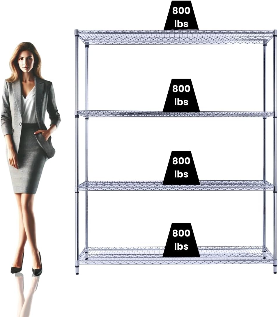 NSF Commercial 4-Tier Wire Shelving with Wheels, 60'x18'x72' Heavy Duty Metal Shelves 3200 lbs Max Capacity, Chrome Storage Rack for Garage Kitchen Pantry Warehouse