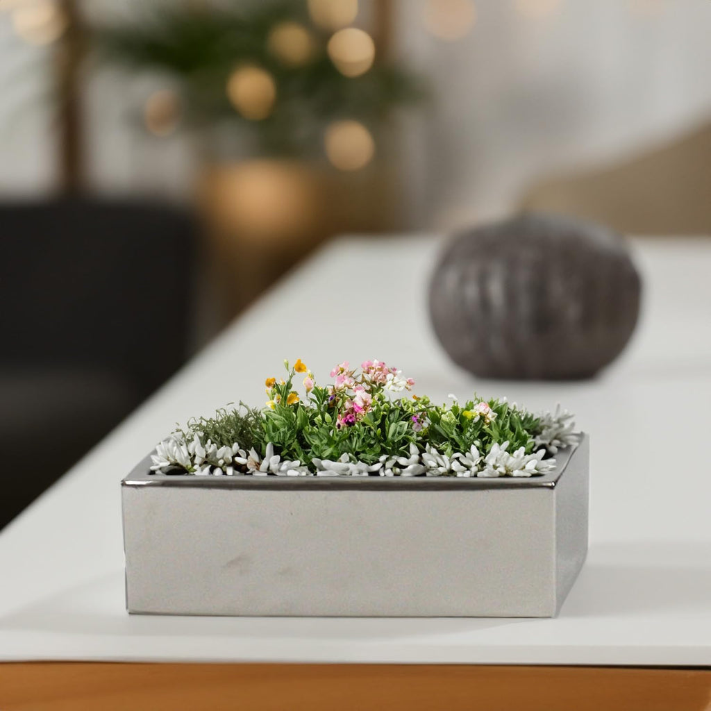 WGVI Long Rectangle Ceramic Planter Vase in Silver 12' x 4' x 4'H, Block Rectangular Terrarium Box Pot, Flower Arrangement, Table top Centerpiece, Home Decor Organization Storage Container, 6 Pcs.