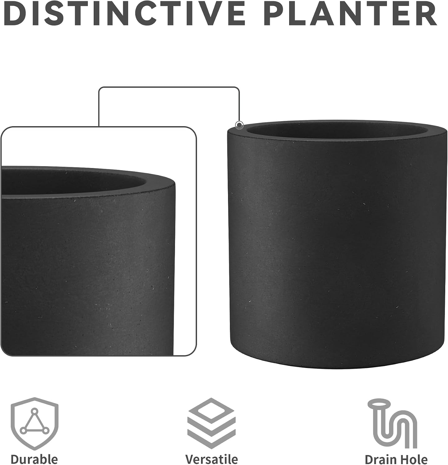 Kante Set of 3 Black Concrete Planters, Graduated Cylinders 9.8' to 15.7' Tall – Lightweight Round Pots with Drainage Hole & Rubber Plug, Modern Nesting Containers for Indoor Outdoor, Home Patio