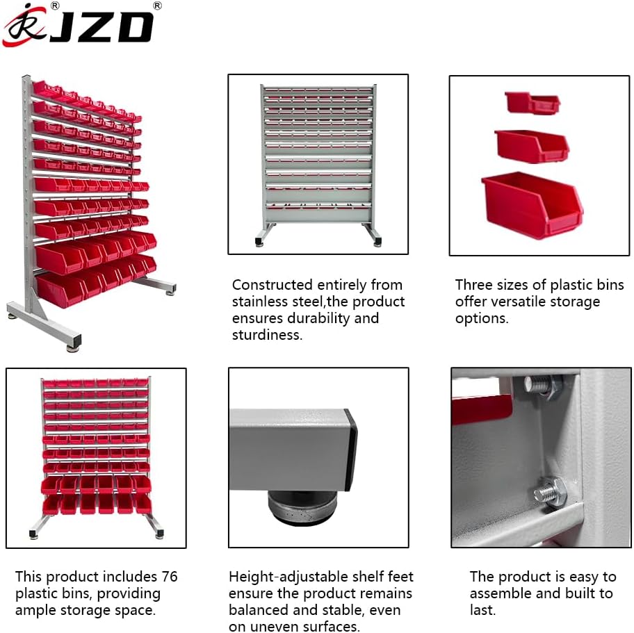 JZD Metal Bin Rack Storage Organizer System, Heavy Duty Steel Frame, 76 Bins for Tools Hardware Nut Bolt, Garage Workshop Factory