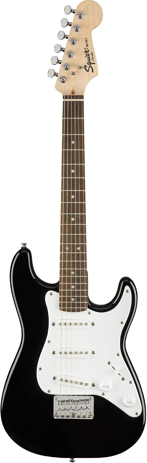 Fender Squier 3/4 Size Kids Mini Strat Electric Guitar Learn-to-Play Bundle with Strap, Picks, Fender Play Online Lessons, and Austin Bazaar Instructional DVD - Black