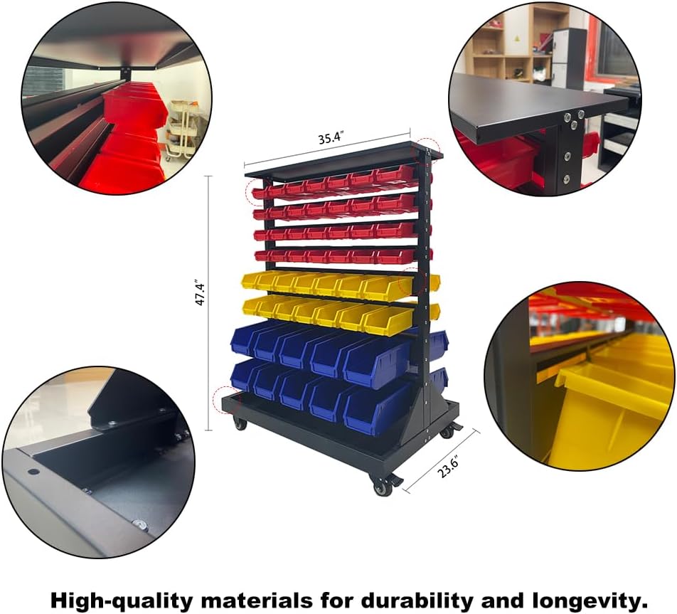 JZD Rolling Bin Storage Rack, Parts Organizer on Wheels, 104 Bins for Nuts Bolts Hardwares, 8-Tier Double Sides Bin Shelves for Garage Warehouse Factory