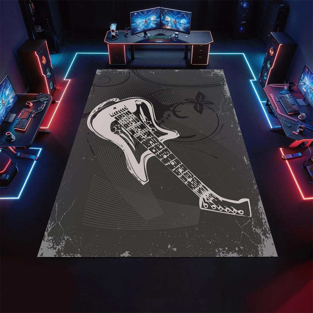 Modern Art Guitar Rug 6x8 Large Area Rugs Retro Black Music Rugs Ultra Soft Non Slip Washable Carpet for Teens Boys Girls Kids Living Room Bedroom Nursery Study Office Hallway