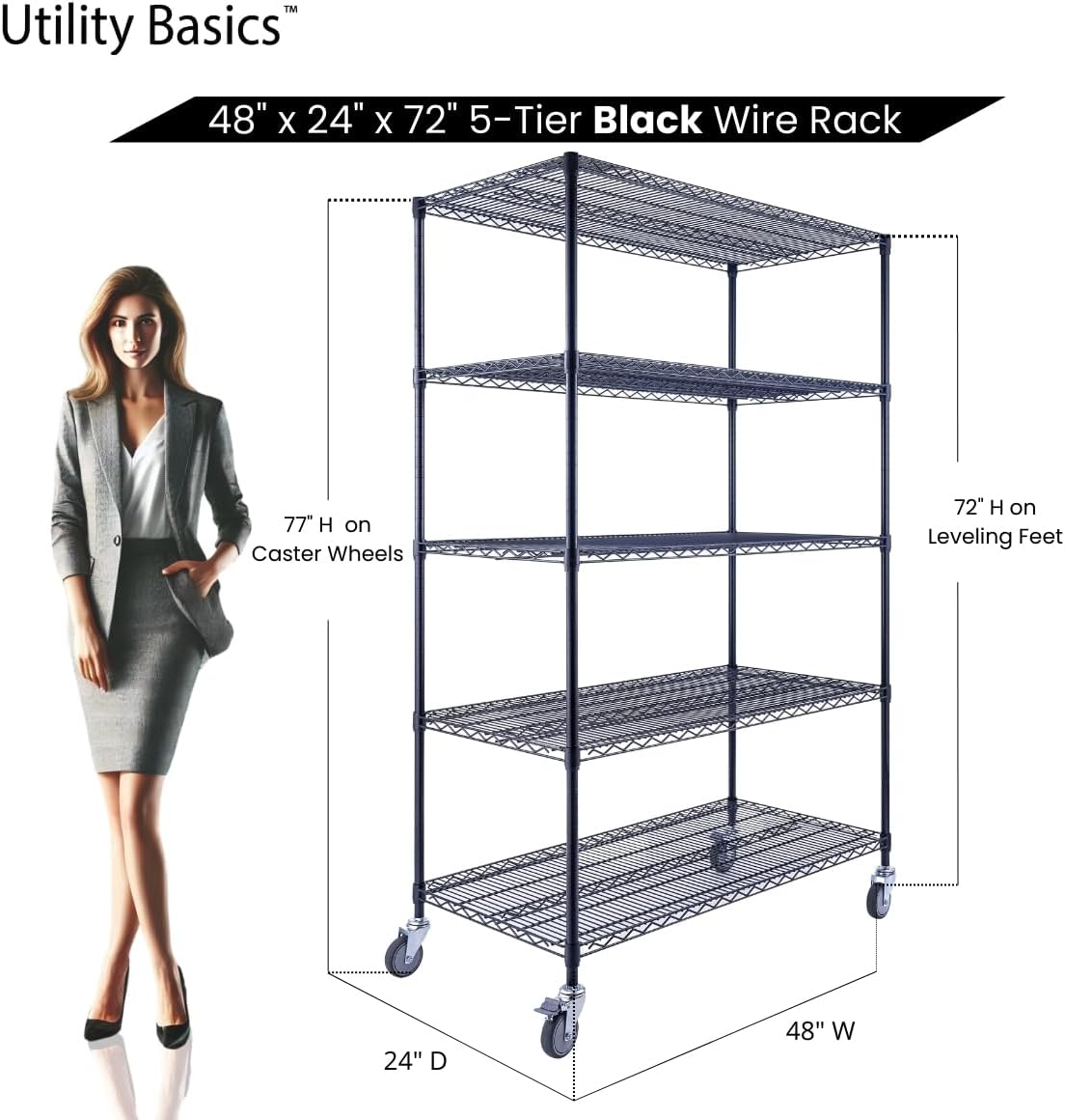 NSF Commercial 5-Tier Wire Shelving with Wheels, 48'x24'x72' Heavy Duty Metal Shelves 4000 lbs Max Capacity, Black Storage Rack for Garage Kitchen Pantry Warehouse