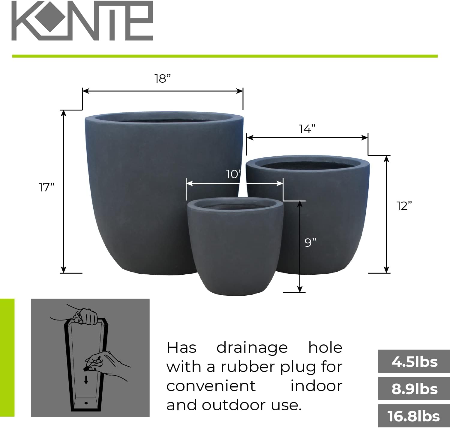 Kante 18',14',10' Dia Concrete Round Planters (Set of 3), Outdoor Indoor Large Planter Pots with Drainage Hole and Rubber Plug for Home Patio Garden, Charcoal