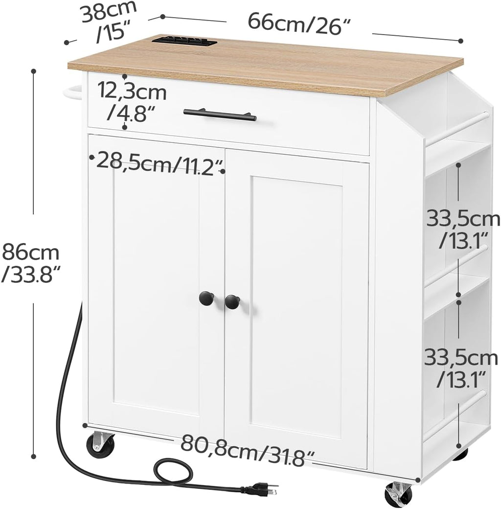 HOOBRO Kitchen Island with Power Outlet and Kitchen Island Bundle, Rolling Kitchen Cart on Wheels, for Home, Kitchen and Dining Room, White and Natural, WN82UZD01G1-WN12ZD01