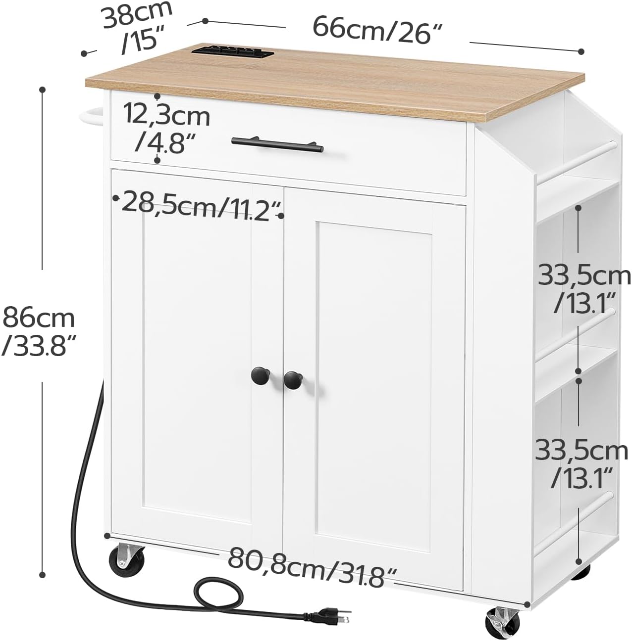 HOOBRO Kitchen Island with Power Outlet and Kitchen Island Bundle, Rolling Kitchen Cart on Wheels, for Home, Kitchen and Dining Room, White and Natural, WN82UZD01G1-WN12ZD01