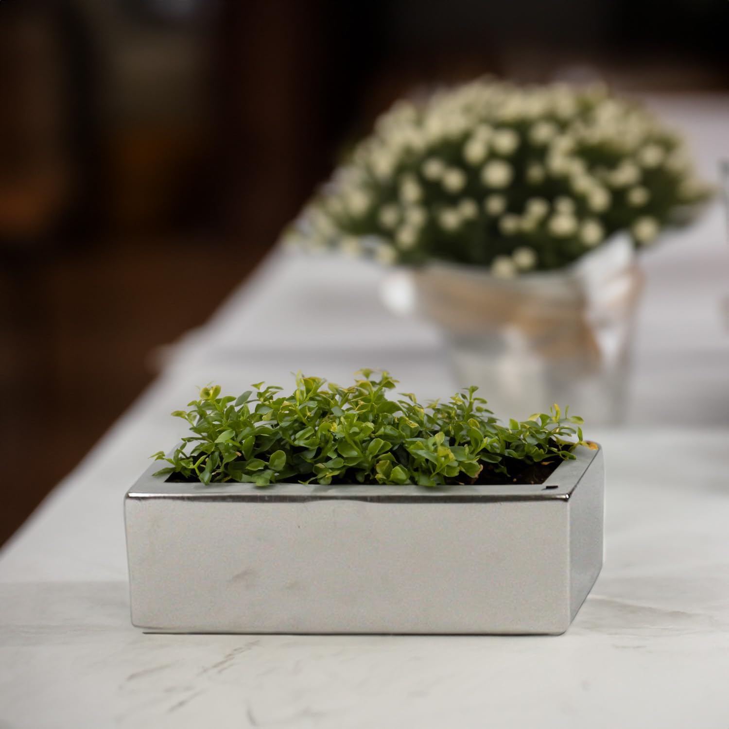 WGVI Long Rectangle Ceramic Planter Vase in Silver 12' x 4' x 4'H, Block Rectangular Terrarium Box Pot, Flower Arrangement, Table top Centerpiece, Home Decor Organization Storage Container, 6 Pcs.