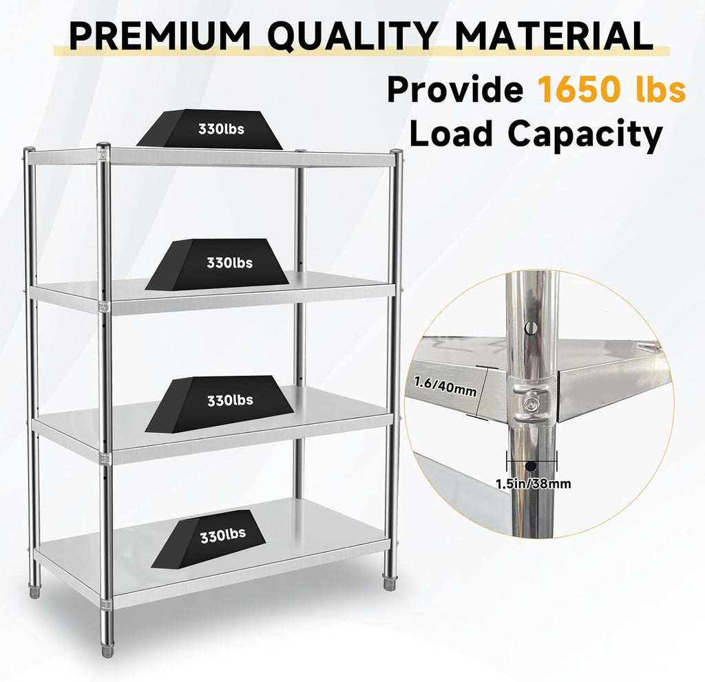Stainless Steel Shelves 48x18x60 Inch Storage Rack 4 Tier Shelving Units and Storage Adjustable Stainless Steel Rack Shelving, Storage Shelves for Kitchen Commercial Office