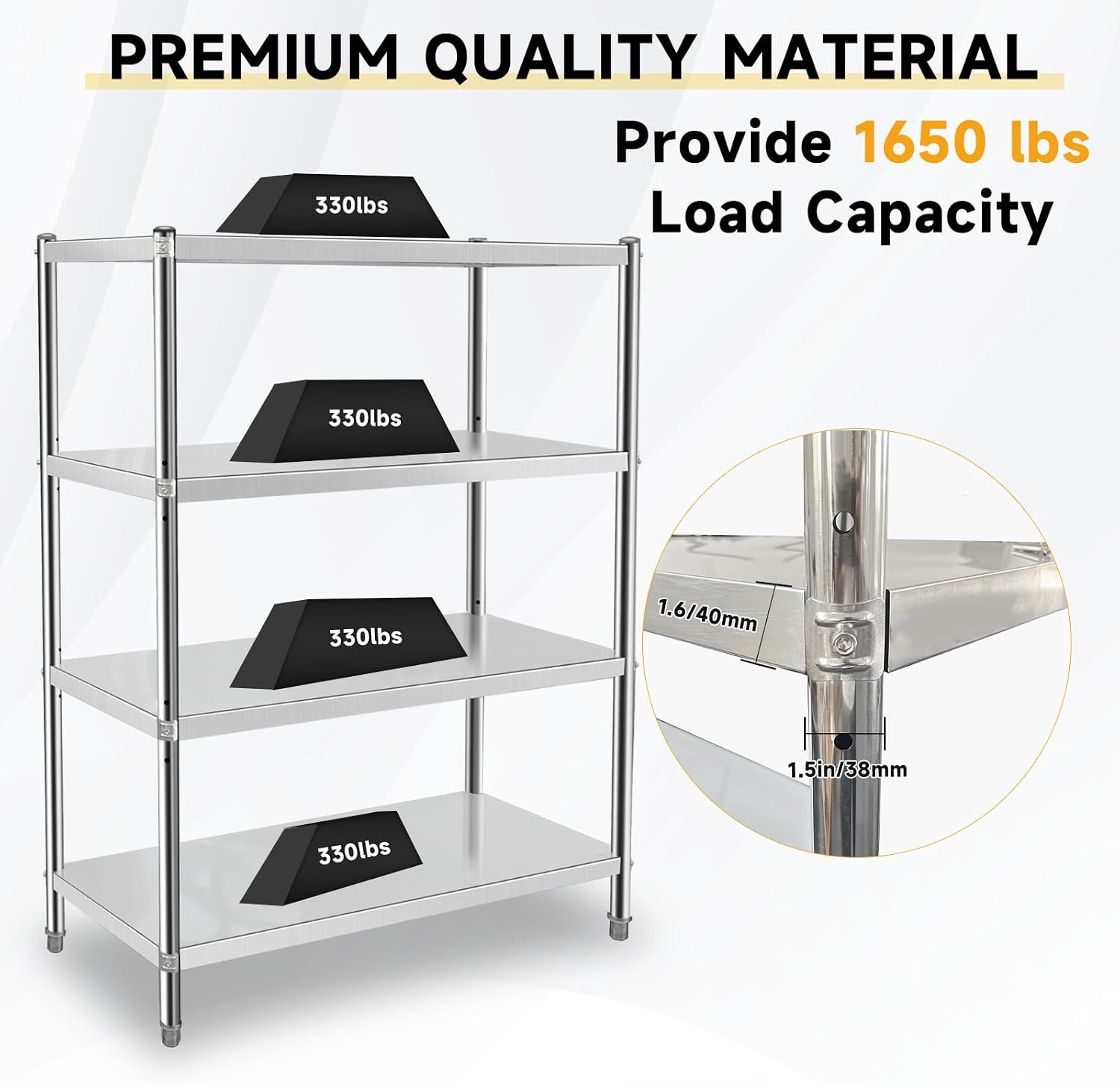 Stainless Steel Shelves 48x18x60 Inch Storage Rack 4 Tier Shelving Units and Storage Adjustable Stainless Steel Rack Shelving, Storage Shelves for Kitchen Commercial Office