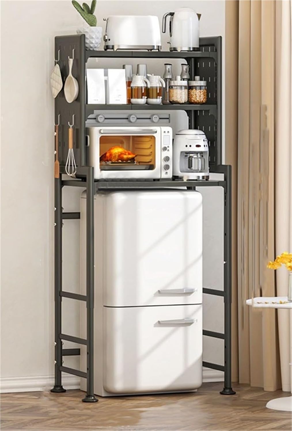 Mini Fridge Stand Storage Refrigerator Shelf 3 Tier Expandable Adjustable Height Microwave Stand Shelf Kitchen Bakers Rack for Refrigerators Below 1.2m Solid Construction(Black)