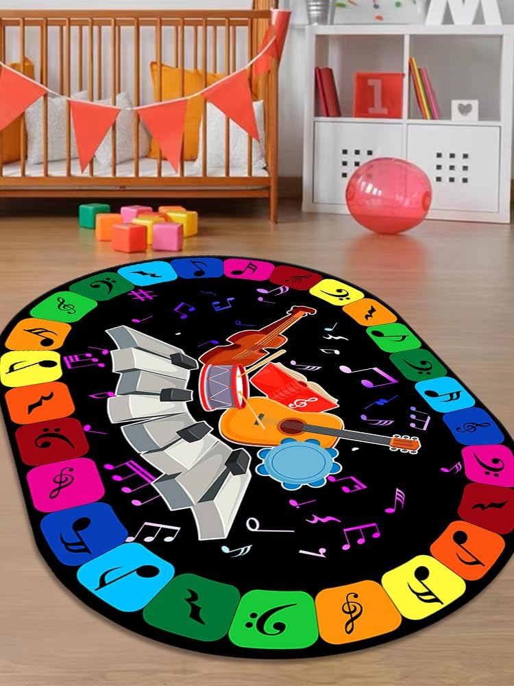 Music Themed Kids Rugs, 6x9ft, Colorful Musical Note Rugs for Bedroom, Music Performance Piano Guitar Washable Non-Slip Rug, Shed Resistant Low Pile Thin Mat for Classroom Floor