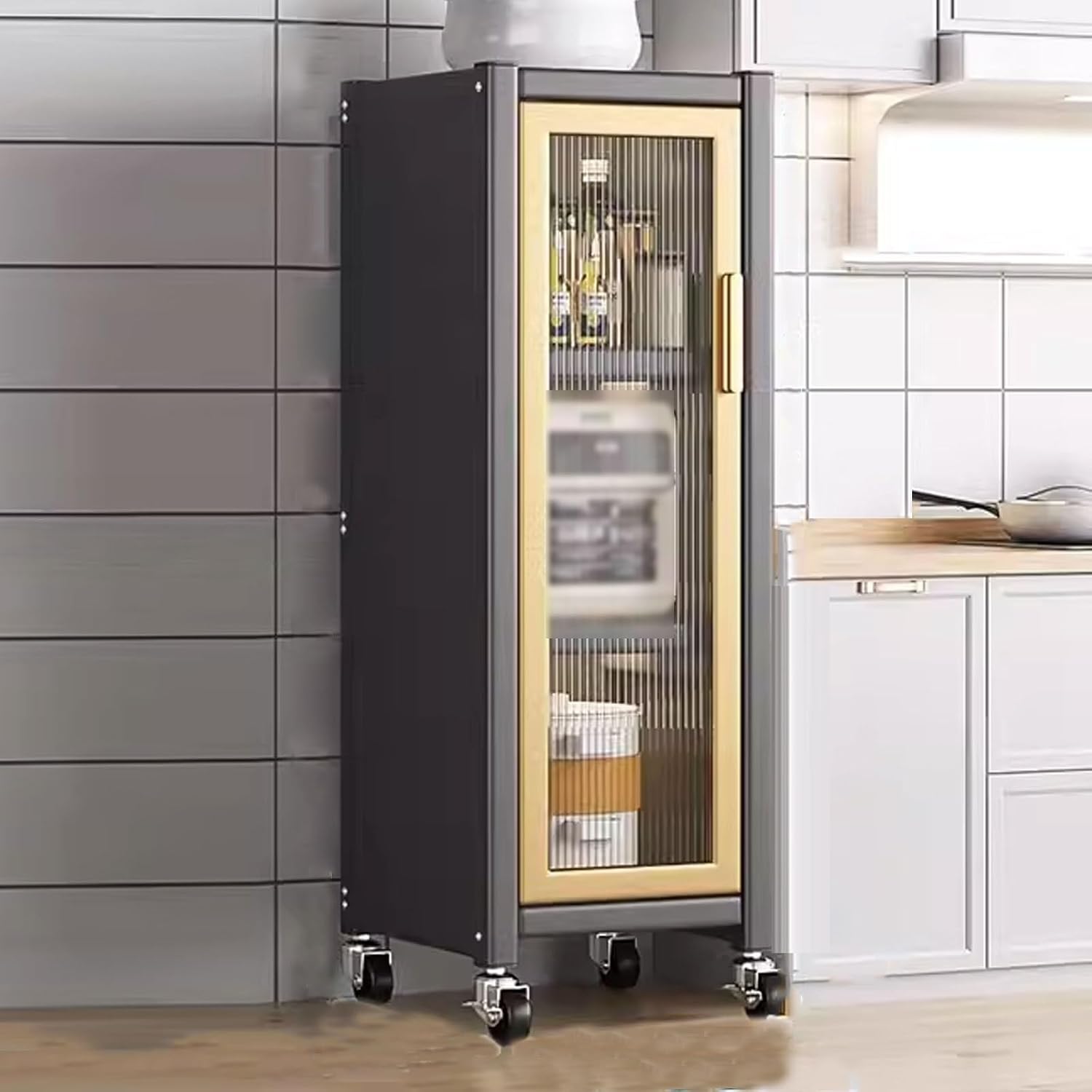 Kitchen Storage Rack with Wheels Bakers Rack with Storage Cabinet with Transparent Door with of Brakeable Casters, for Kitchen, Dining Room, Living Room(Gray,35 * 40 * 115.5cm)