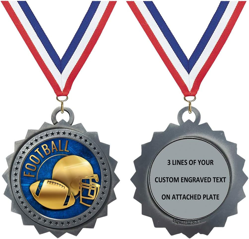 Express Medals 1 to 50 Packs Engraved Personalized Silver Football Medals Trophy Award with Neck Ribbon Medal Trophies Award Tournament Prize Gift Custom