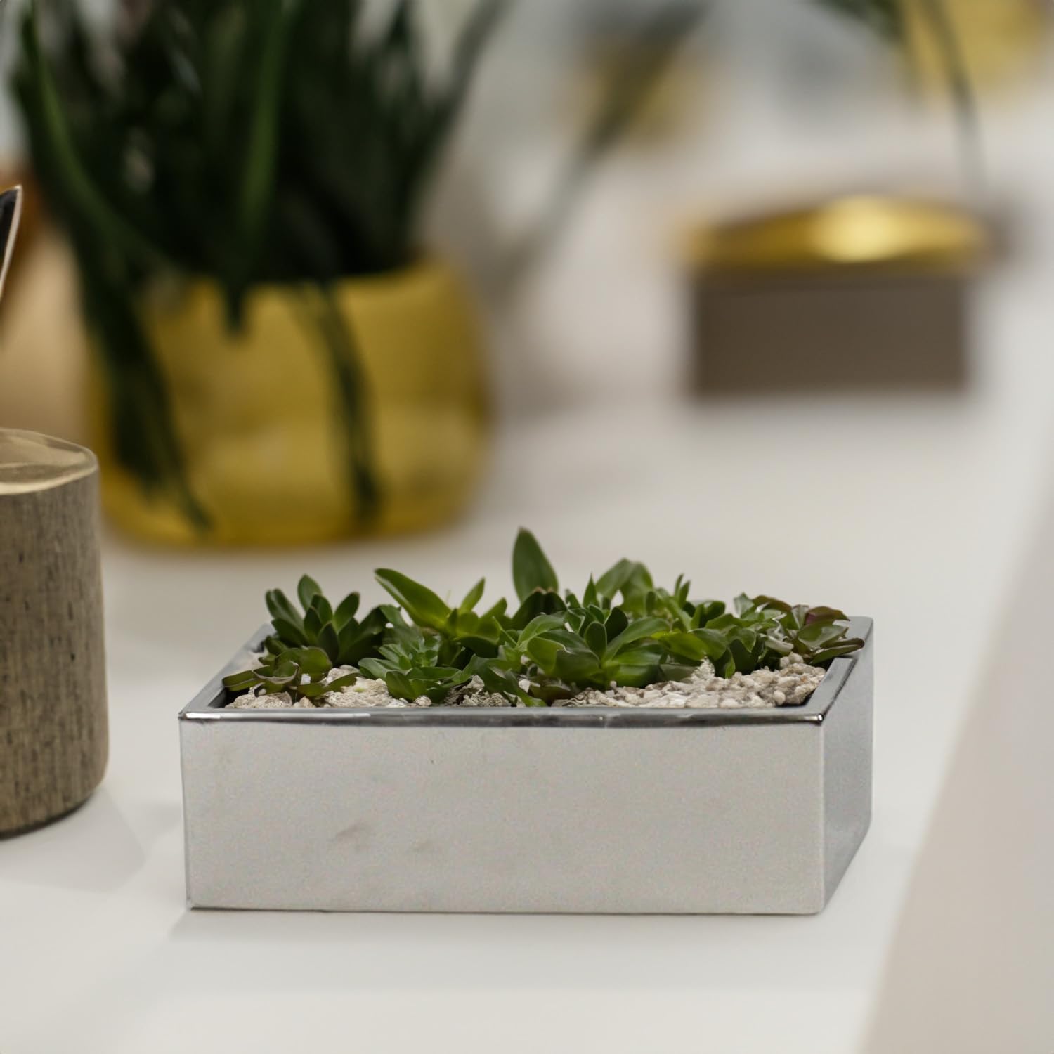WGVI Long Rectangle Ceramic Planter Vase in Silver 12' x 4' x 4'H, Block Rectangular Terrarium Box Pot, Flower Arrangement, Table top Centerpiece, Home Decor Organization Storage Container, 6 Pcs.