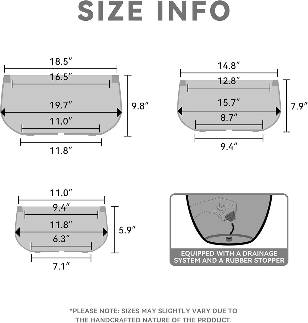 Kante 19.6',15.7',11.8' Dia Round Concrete Planters Set of 3, Outdoor Indoor Garden Plant Pots with Drainage Hole and Rubber Plug, Modern Curvaceous Design, Black