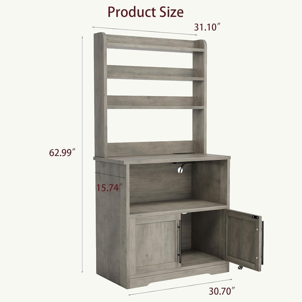 Tall Large Storage Cabinet Kitchen Microwave Stand with Storage, 4-Tier Bakers Rack with Power Outlet, Cupboard, Floor Cabinet for Living Room, Rustic Gray,