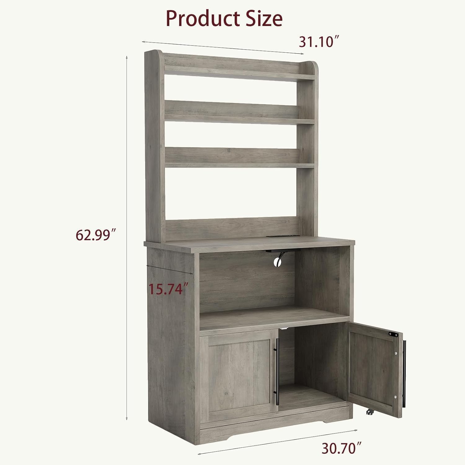 Tall Large Storage Cabinet Kitchen Microwave Stand with Storage, 4-Tier Bakers Rack with Power Outlet, Cupboard, Floor Cabinet for Living Room, Rustic Gray,