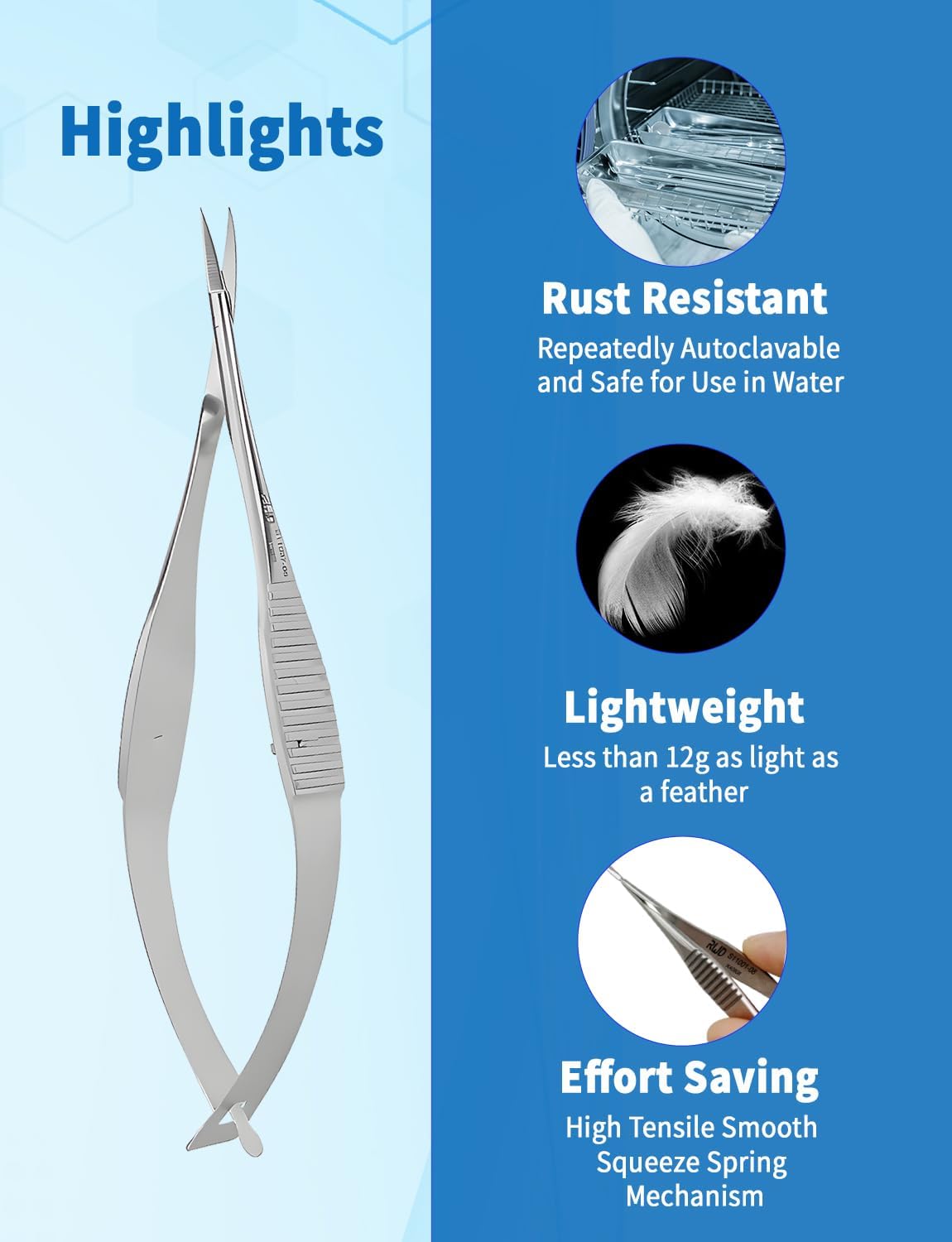 RWD VANNAS Micro Scissors, 3.2' Curved Fan Tip, Extra Sharp Spring Action Squeeze Scissors for Stitch Cutting, Embroidery, ENT, Eye, Skin, Dental, and Veterinary Surgery (8cm) - S11037-08