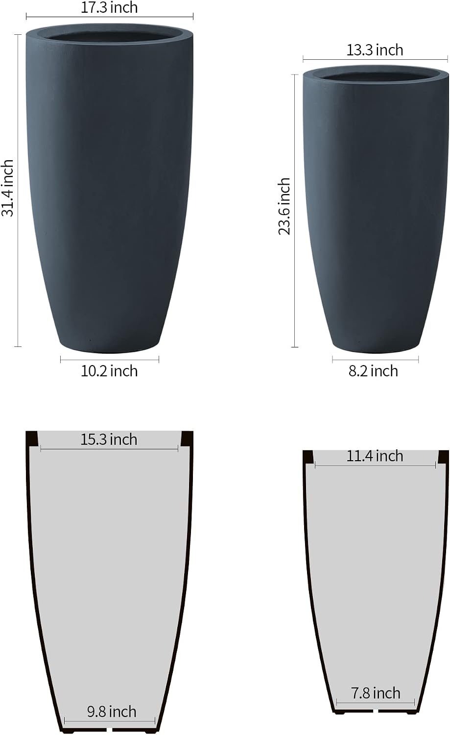 Kante 31.4' and 23.6' H Charcoal Finish Concrete Tall Planters Large Outdoor Indoor Decorative Plant Pots with Drainage Hole and Rubber Plug, Modern Tapered Style for Home and Garden