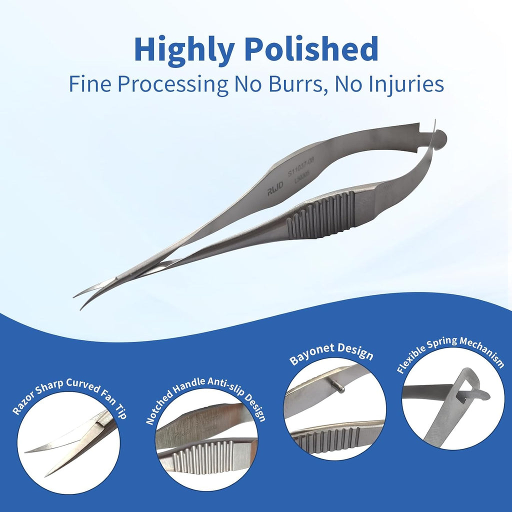 RWD VANNAS Micro Scissors, 3.2' Curved Fan Tip, Extra Sharp Spring Action Squeeze Scissors for Stitch Cutting, Embroidery, ENT, Eye, Skin, Dental, and Veterinary Surgery (8cm) - S11037-08