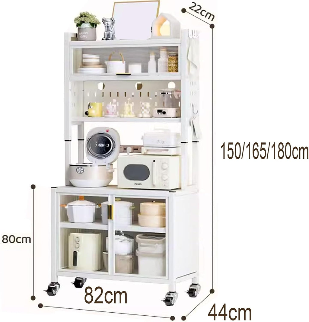 Kitchen Storage Cabinet Made of Coarsened Carbon Steel Kitchen Bakers Rack with Flip Door Kitchen Hutch Microwave Stand with Lockable Casters and Foot Pads(82 * 44 * 150/165/180CM)