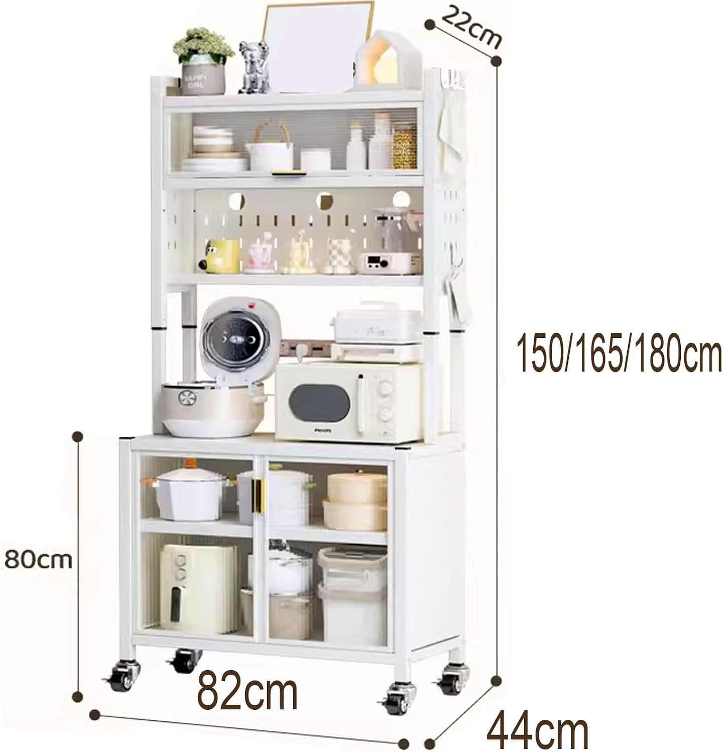 Kitchen Storage Cabinet Made of Coarsened Carbon Steel Kitchen Bakers Rack with Flip Door Kitchen Hutch Microwave Stand with Lockable Casters and Foot Pads(82 * 44 * 150/165/180CM)