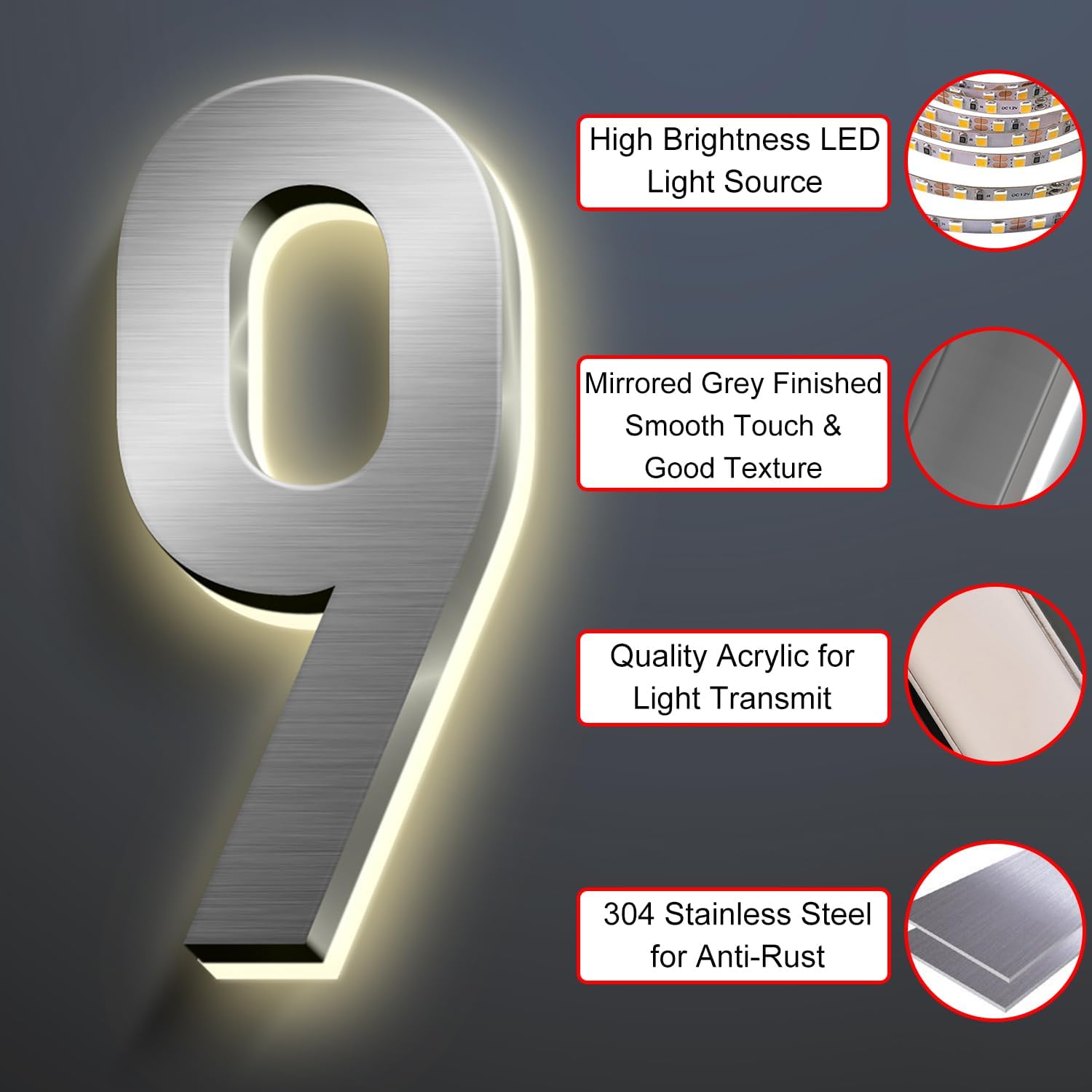 Backlit LED Illuminated Home Address Numbers, Up-Scale Modern Look, Stainless Steel Hand-Polished Waterproof For House Address Signs, Lighted House Numbers For Outside,18 Inch/450mm,8