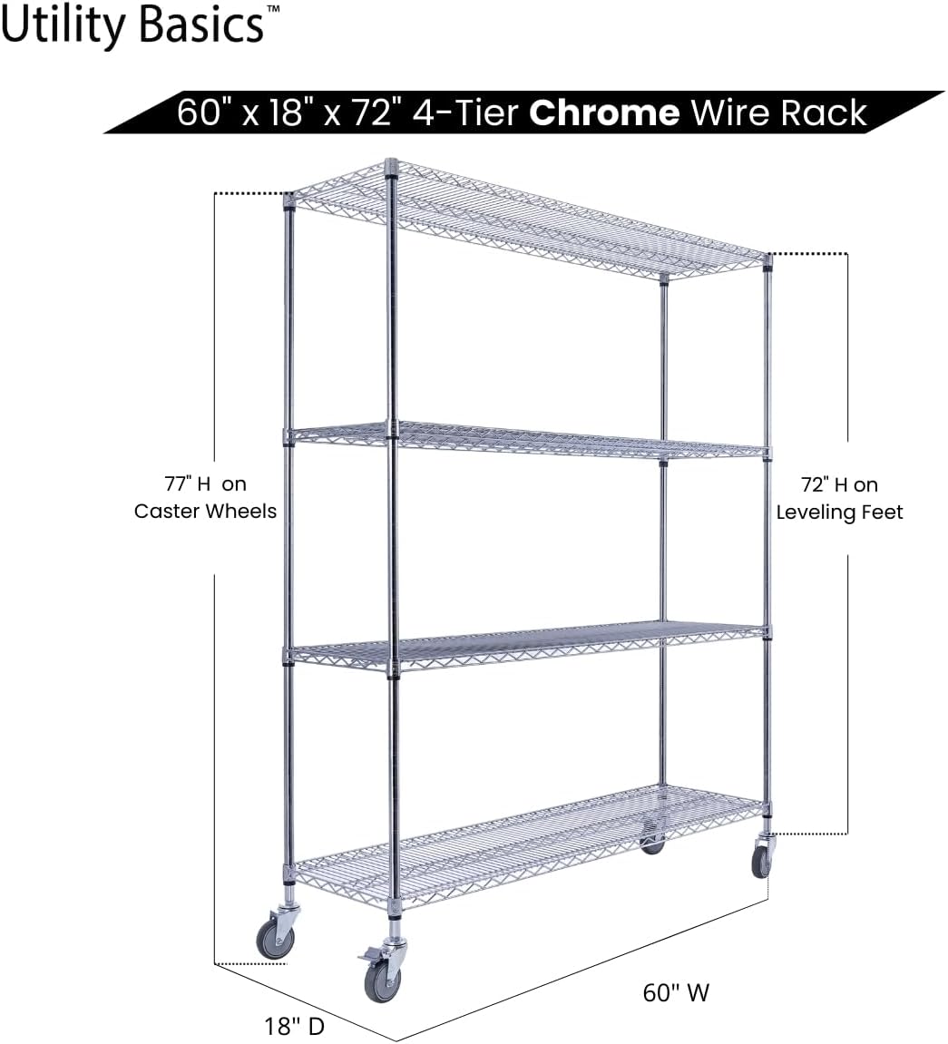 NSF Commercial 4-Tier Wire Shelving with Wheels, 60'x18'x72' Heavy Duty Metal Shelves 3200 lbs Max Capacity, Chrome Storage Rack for Garage Kitchen Pantry Warehouse