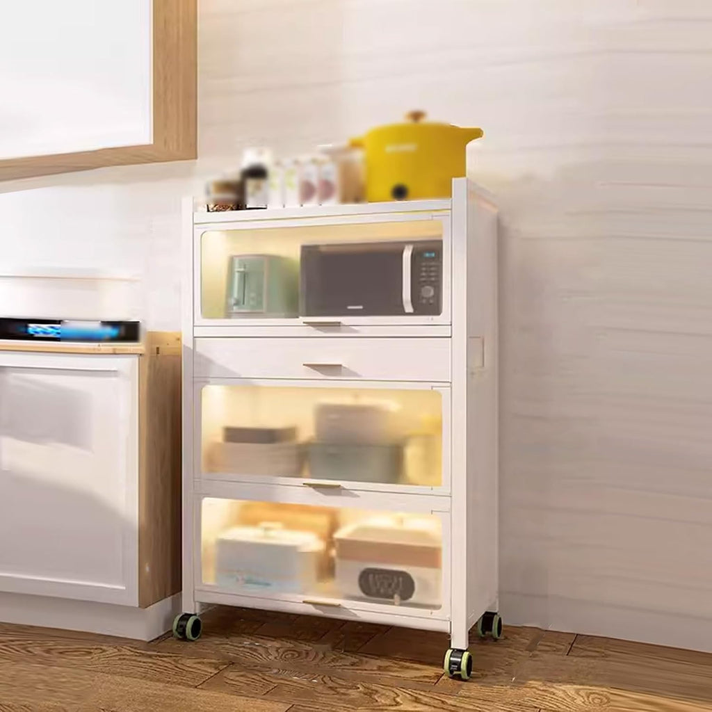 Bakers Rack with Storage Cabinet Kitchen Shelf Organizer and Storage with Drawer with Rolling Wheels, for Spices, Pots and Pans(White,60 * 40 * 135.4cm)